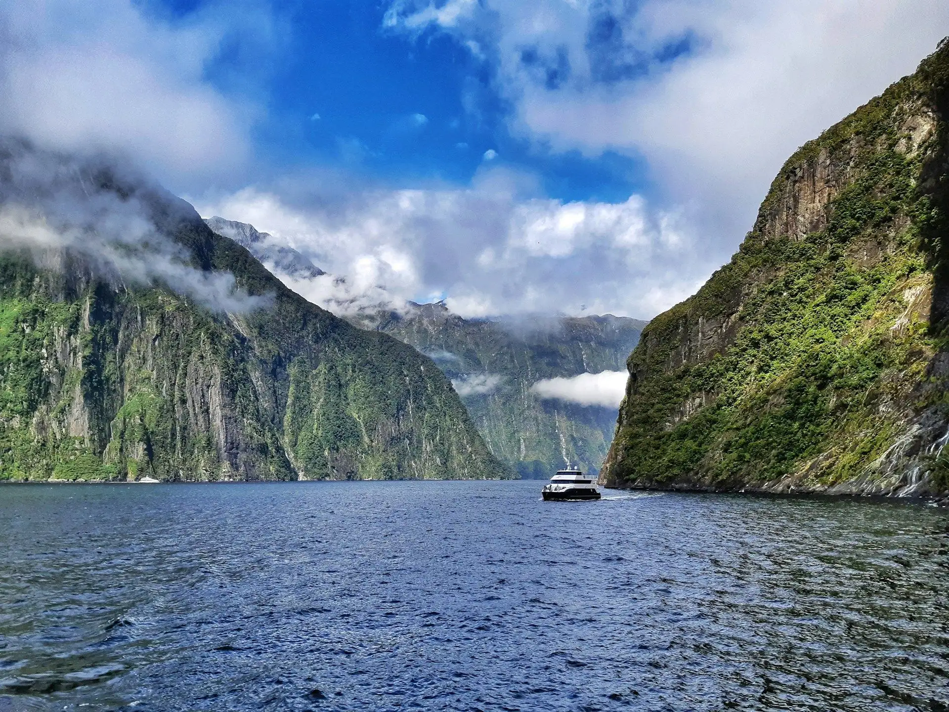 A cruise boat on deep blue water below Milford Sound's green cliffs and cloud