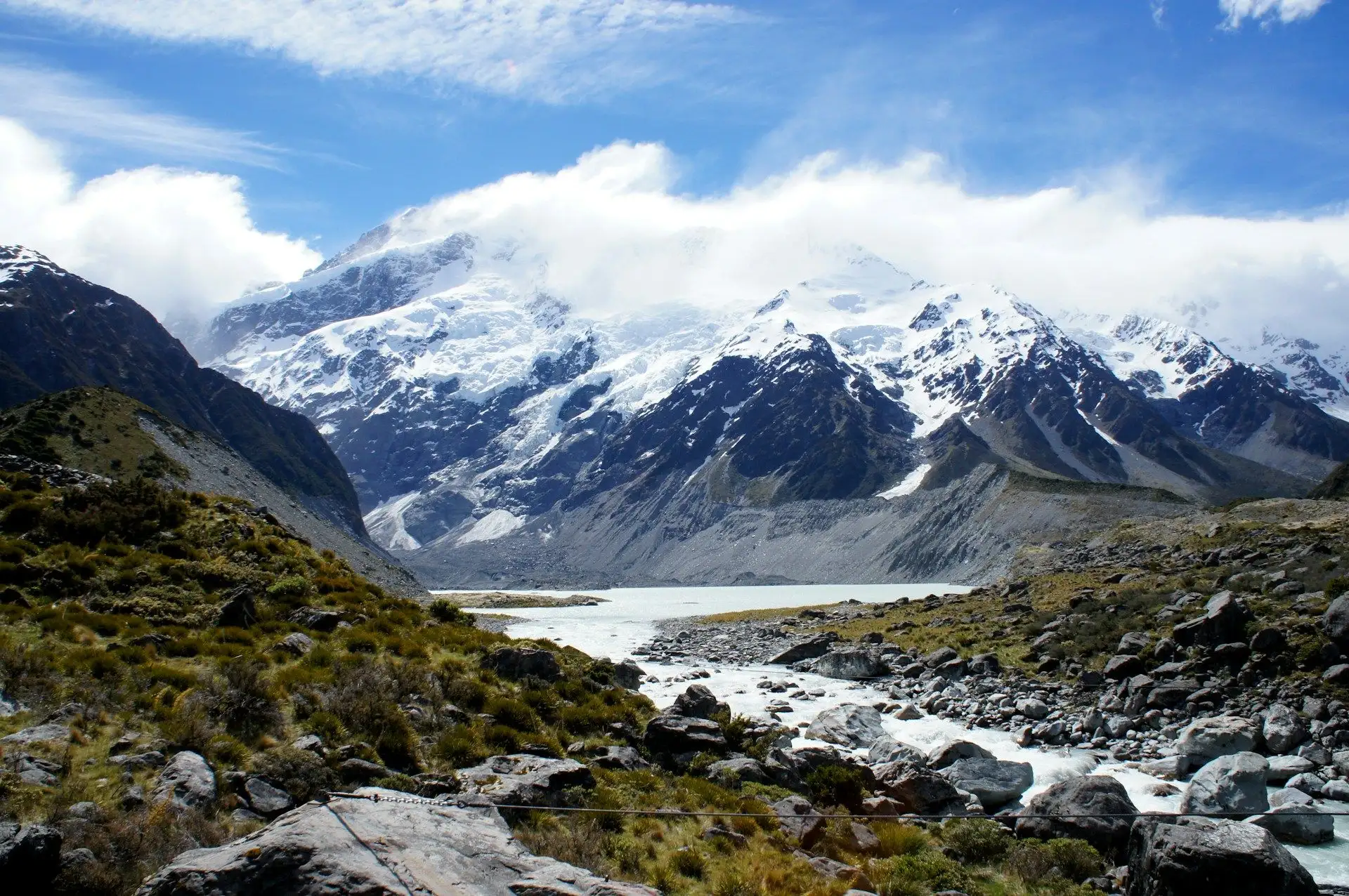 A glacial stream below the snow-covered peaks of Aoraki / Mount Cook National Park