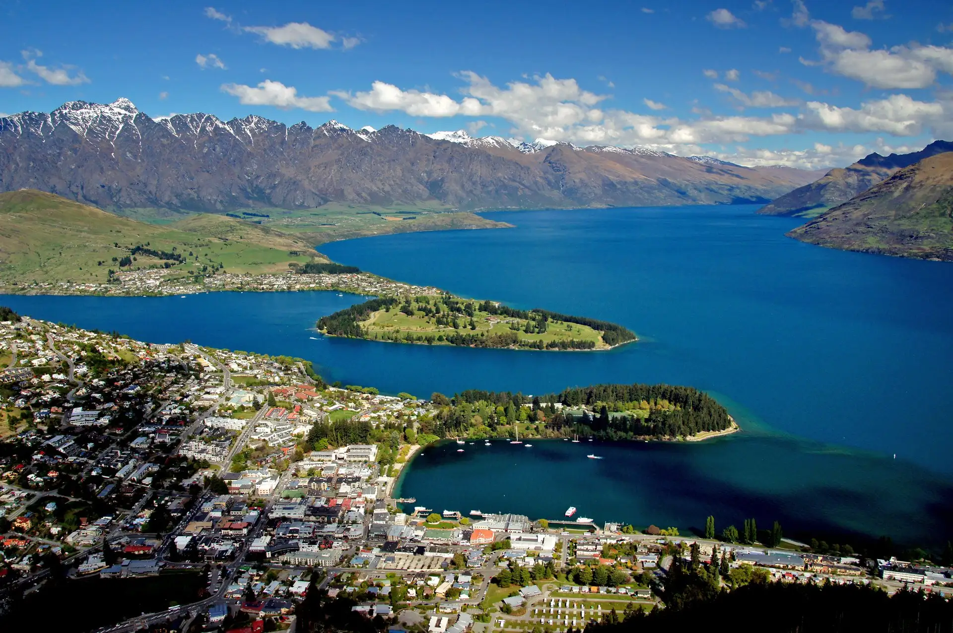 Queenstown, Lake Wakatipu and The Remarkables glowing at dusk from Bob's Peak