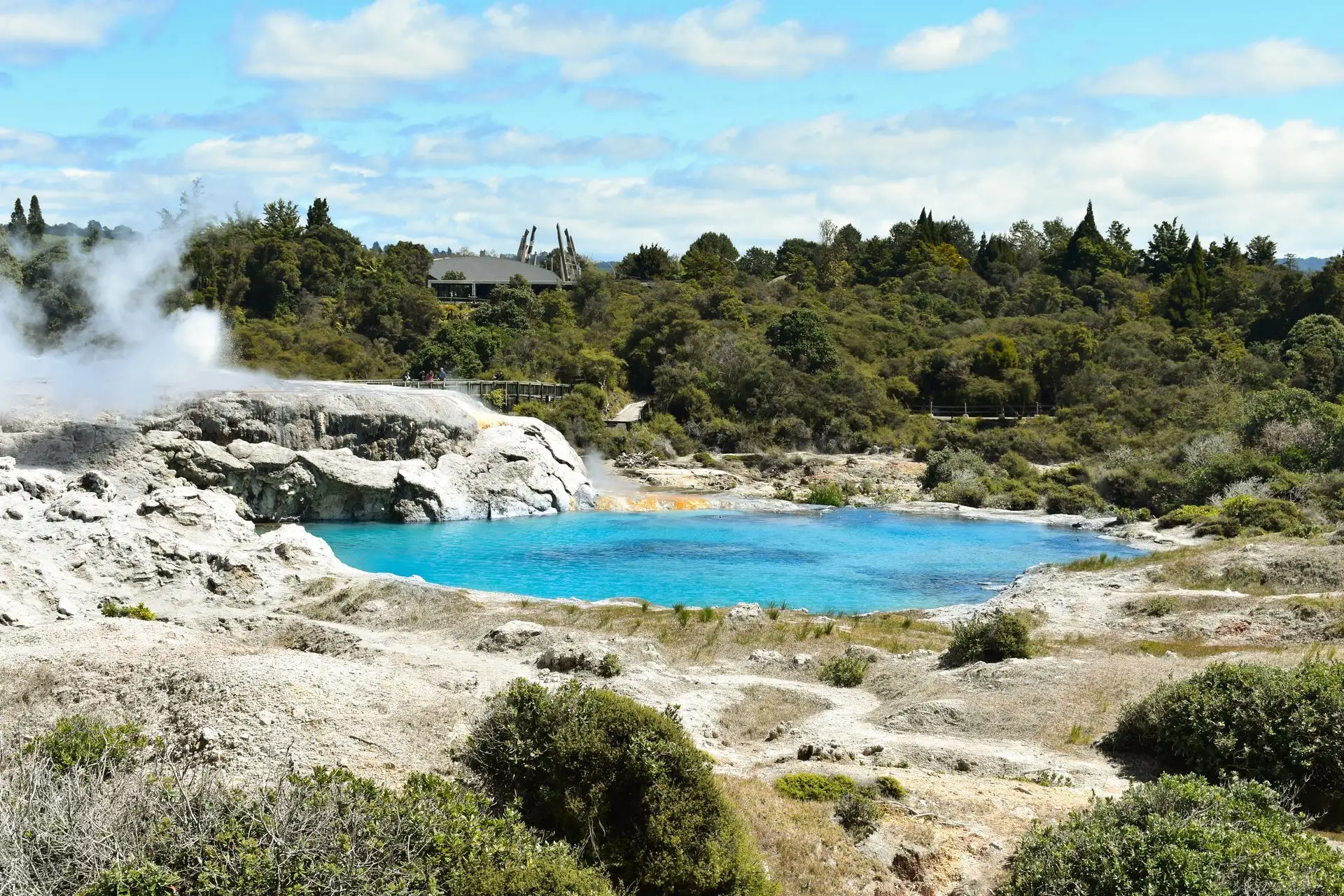 A bright blue geothermal pool among white silica terraces