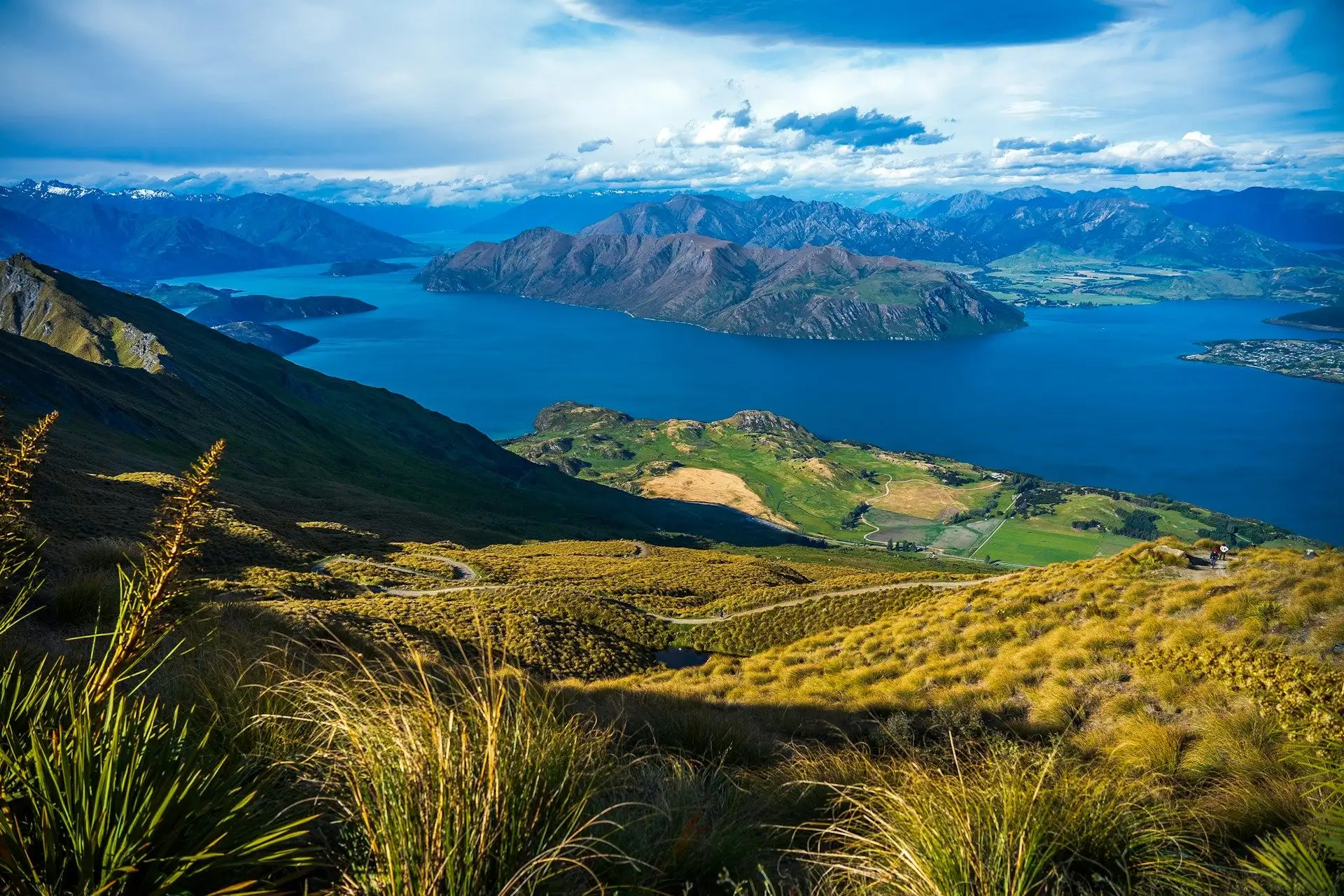 Golden tussock slopes above blue Lake Wanaka and the mountains beyond